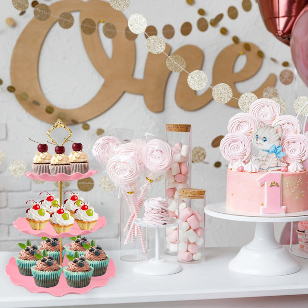NAXIHOPT 5 Pcs Dessert Table Display Set, Pink Plastic 2 Pcs Round 3 Tier Cupcake Stand Cup Cake Tower Stand with Metal Rod & 3 Pcs Serving Tray for Baby Shower, Tea Party, Wedding, Birthday Party