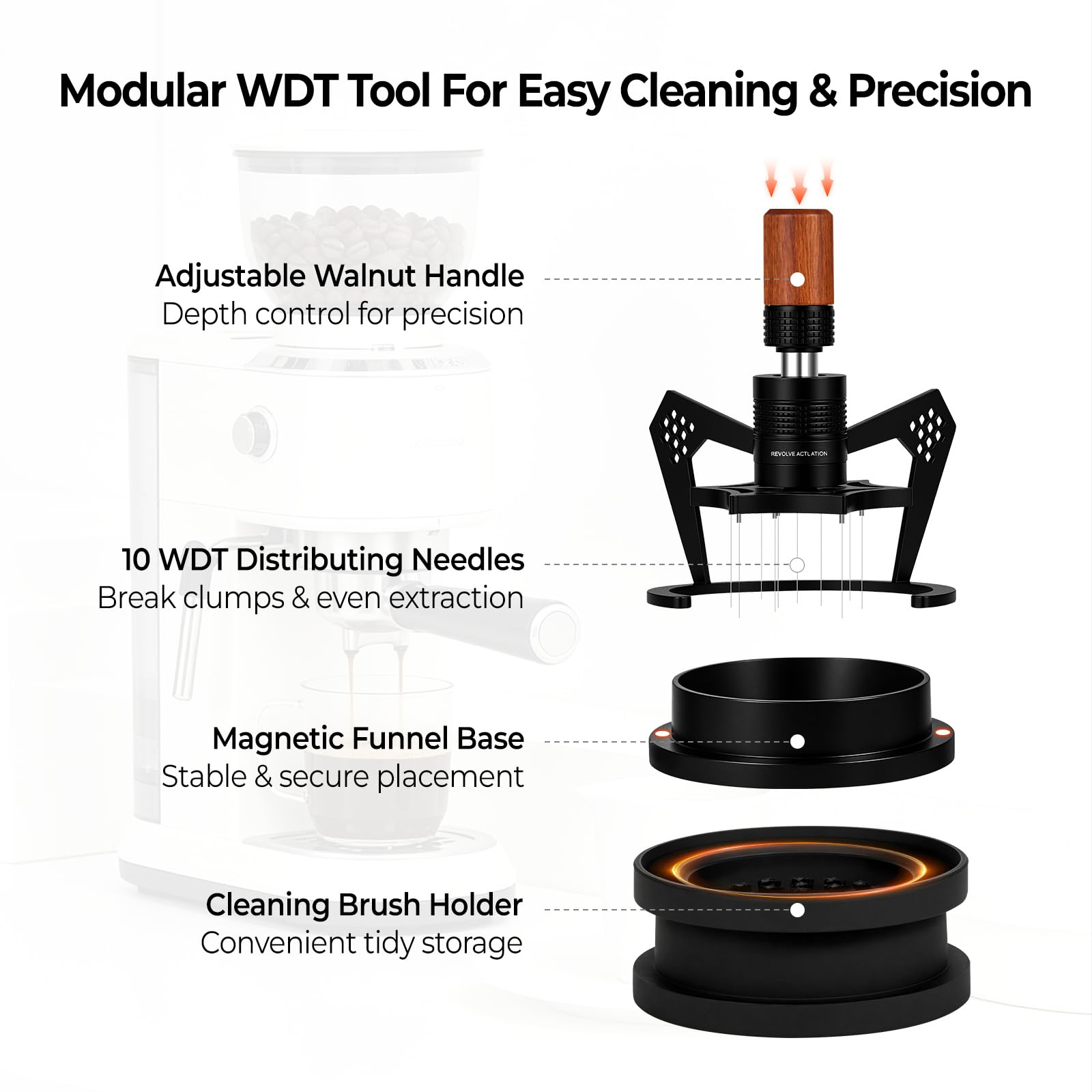 IKAPE Mantis WDT Distribution Tool, V1-40MM Espresso Stirrer for Barista - 10 Needle Espresso Stirrer with Dosing Funnel & Stand- Walnut Handle with Clean Brush, Black