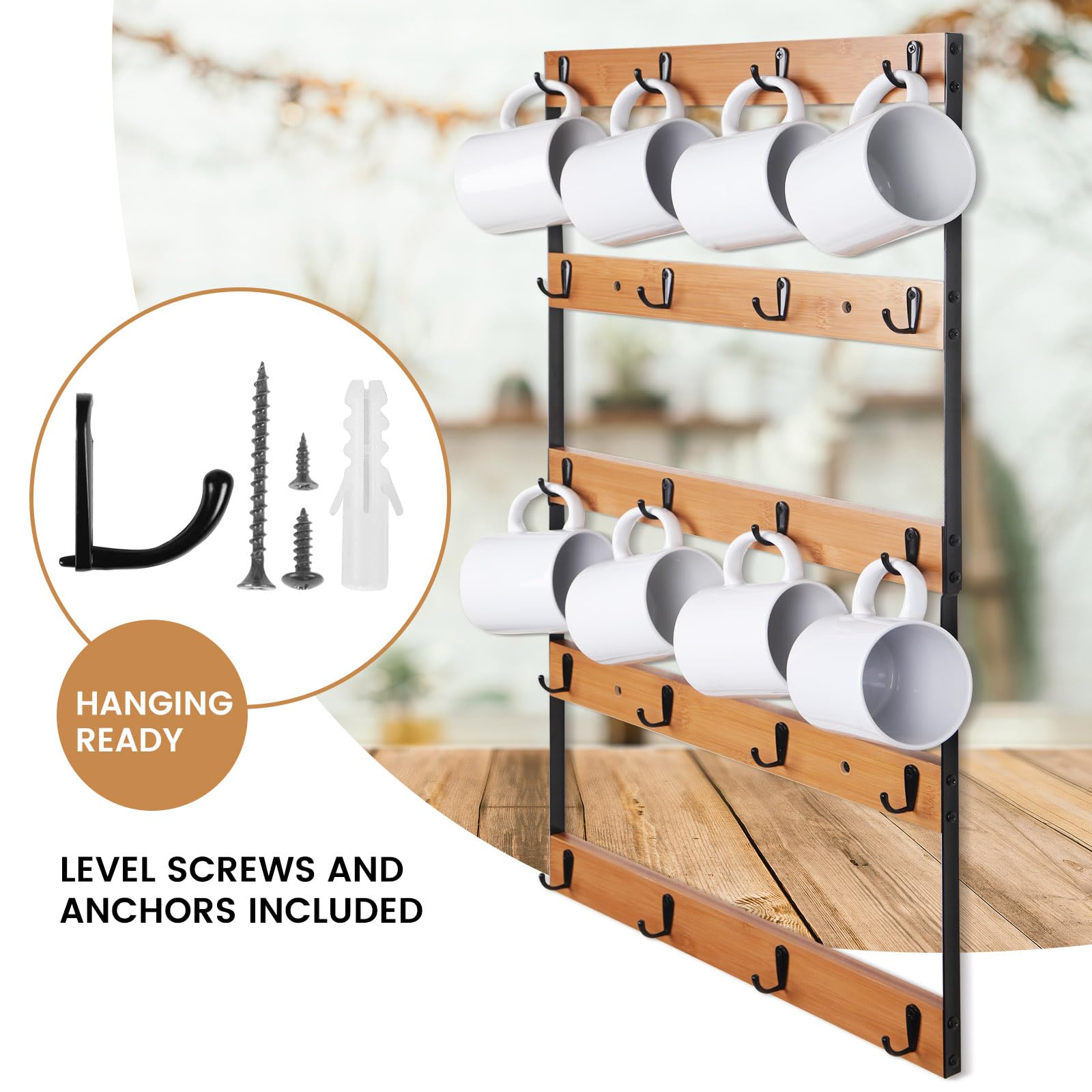 Aomomery Wall Mounted Coffee Mug Holder, Large 5 Tier Shelf with 20 Hooks for Cups, Rustic Wooden Display Rack for Kitchens, Homes and Bars (Bamboo)