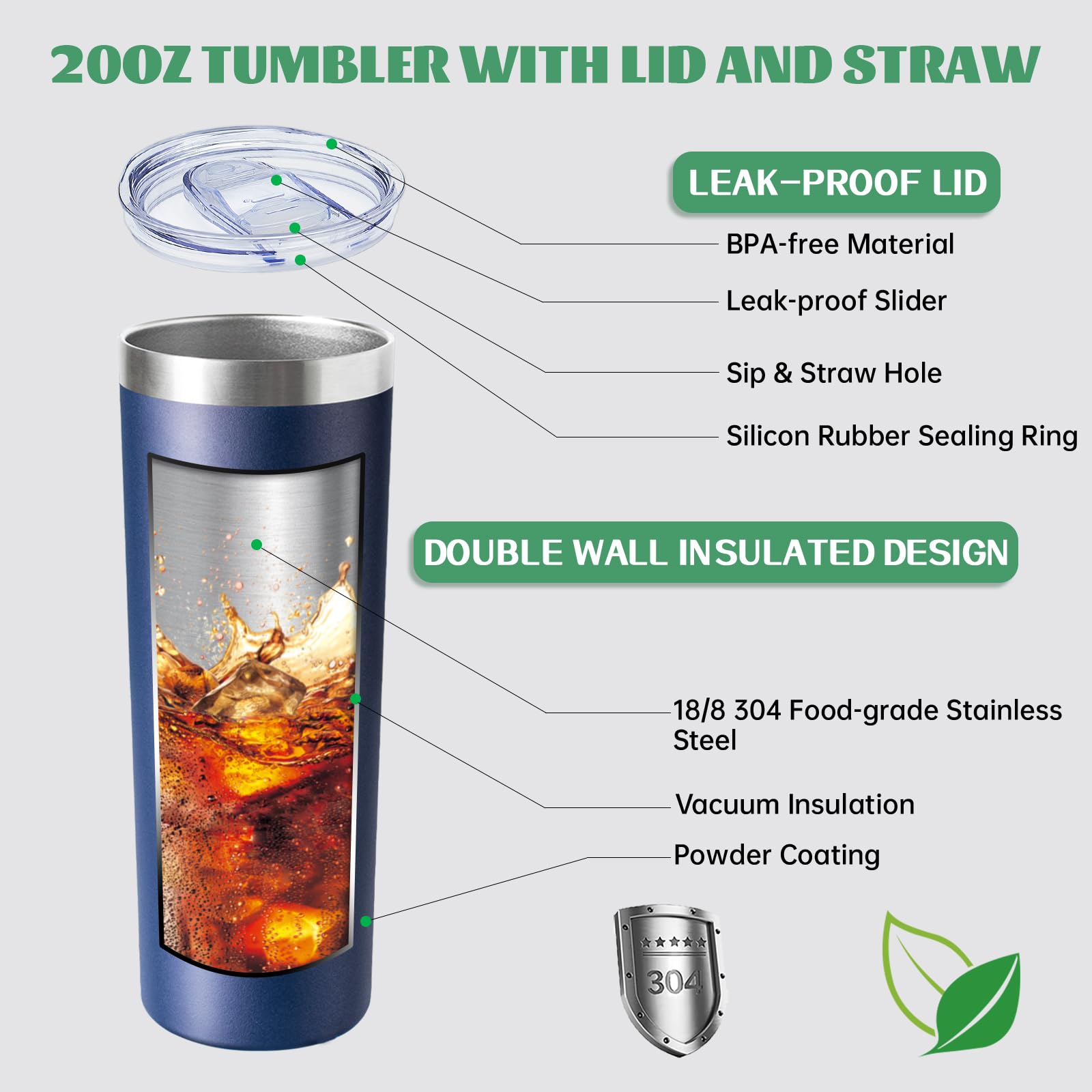 FristChoice 20 oz Skinny Tumbler with Lid and Straw,Stainless Steel Vacuum Insulated Tumbler Cup Double Wall Leak-proof Coffee Mug,Travel Thermal Water Tumbler for Home,Office,Outdoor(Navy Blue,8)