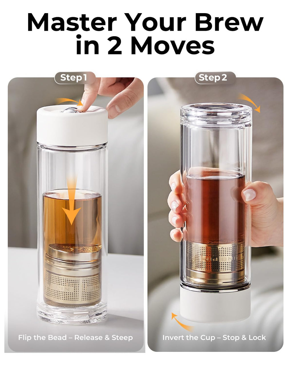 TEAVOR MagnaDrop Tea Tumbler – Double Wall Glass Tea Infuser Cup with Magnetic Steep Control & Bead Switch, Leakproof Travel Mug for Loose Leaf, 12.5oz