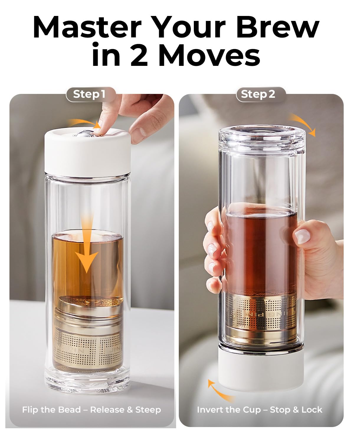 TEAVOR MagnaDrop Tea Tumbler – Double Wall Glass Tea Infuser Cup with Magnetic Steep Control & Bead Switch, Leakproof Travel Mug for Loose Leaf, 12.5oz