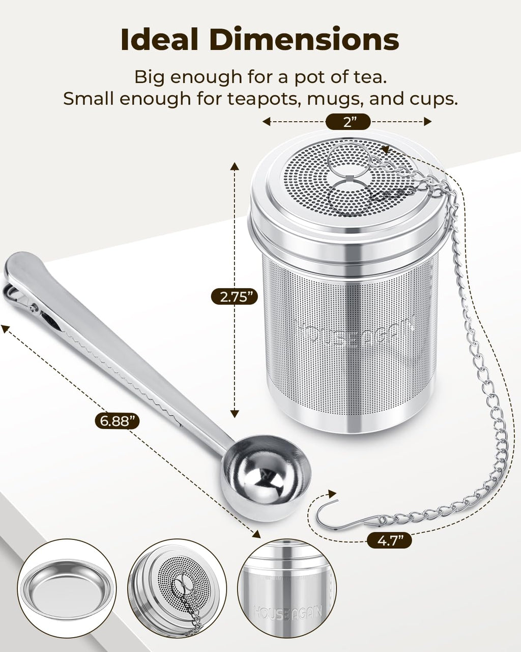 HOUSE AGAIN Tea Infuser (2 Pack, Large + Small), Extra Fine Mesh Tea Strainers for Loose Tea, 18/8 Stainless Steel Tea Strainer with Extended Chain Hook, Tea Steeper