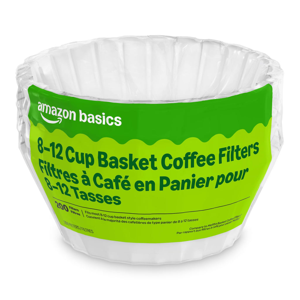 Amazon Basics Basket Coffee Filters for 8-12 Cup Coffee Makers, White, 200 Count, Packaging May Vary