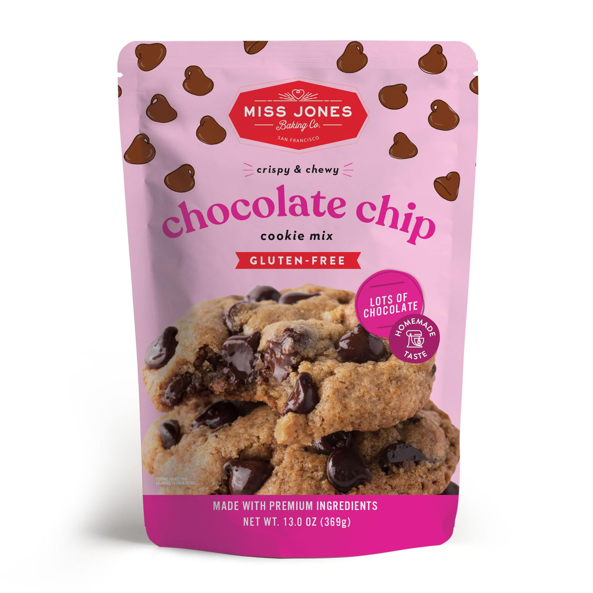Miss Jones Baking Gluten-Free Chocolate Chip Cookie Mix - More Chocolate Chips, 50% Lower Sugar, Naturally Sweetened Desserts & Treats, 13 Ounce (Pack of 6)