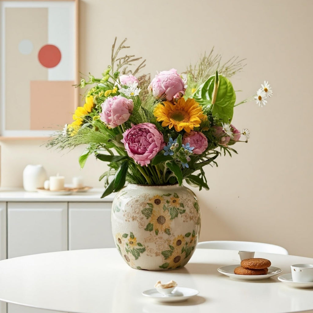 Levvohd Round Ceramic Vase, Sunflower Pattern, 6.3 Inch