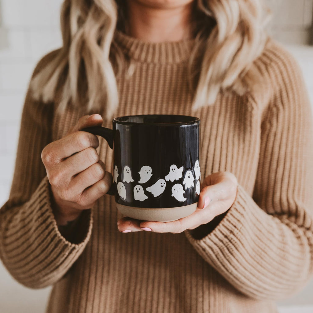 Sweet Water Decor White Ghosts Black Halloween Mugs, 14 oz - Halloween Coffee Mug Dishwasher & Microwave Safe - Fall Mug for Coffee & Hot Cocoa or Seasonal Brew - Black Stoneware Ghost Mugs