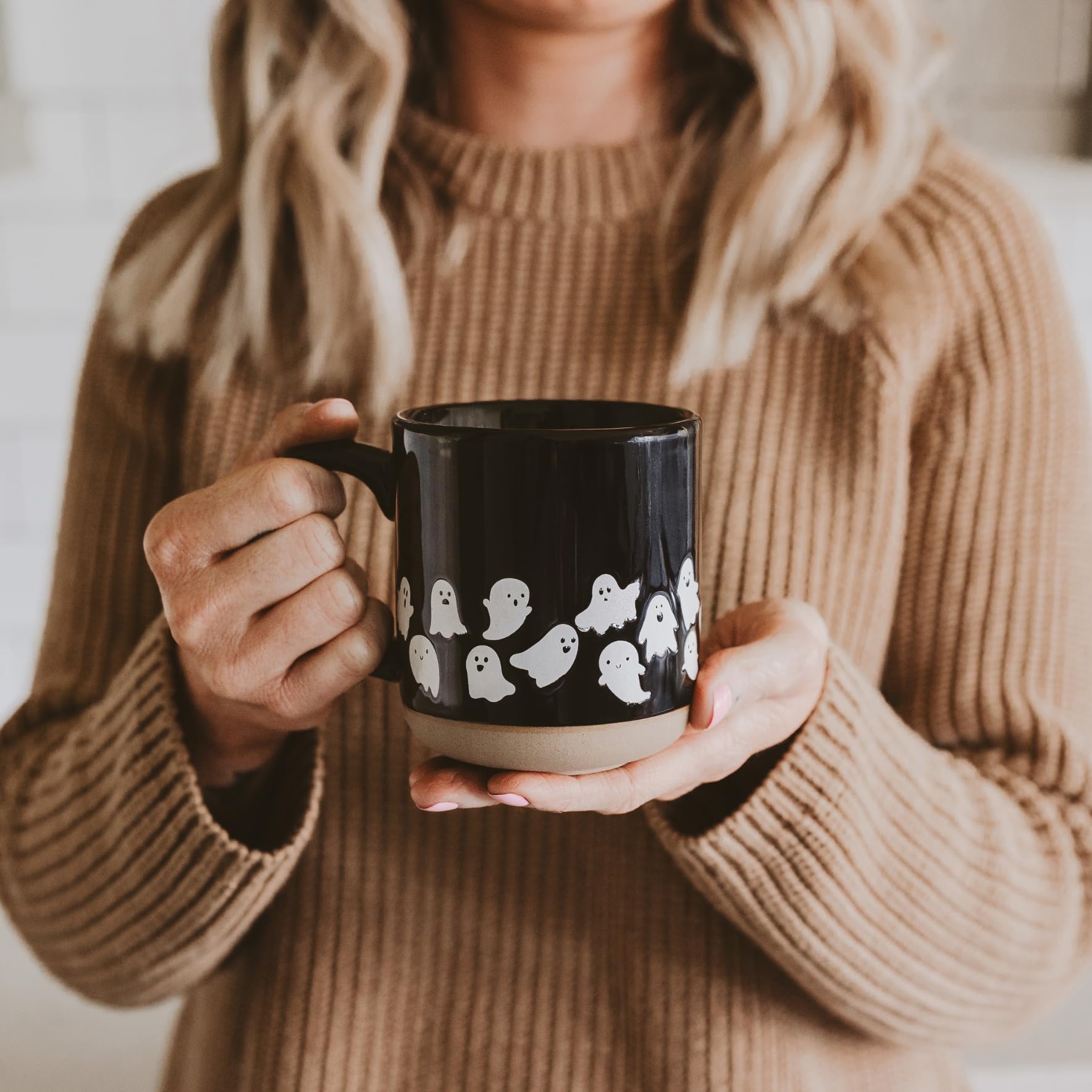 Sweet Water Decor White Ghosts Black Halloween Mugs, 14 oz - Halloween Coffee Mug Dishwasher & Microwave Safe - Fall Mug for Coffee & Hot Cocoa or Seasonal Brew - Black Stoneware Ghost Mugs