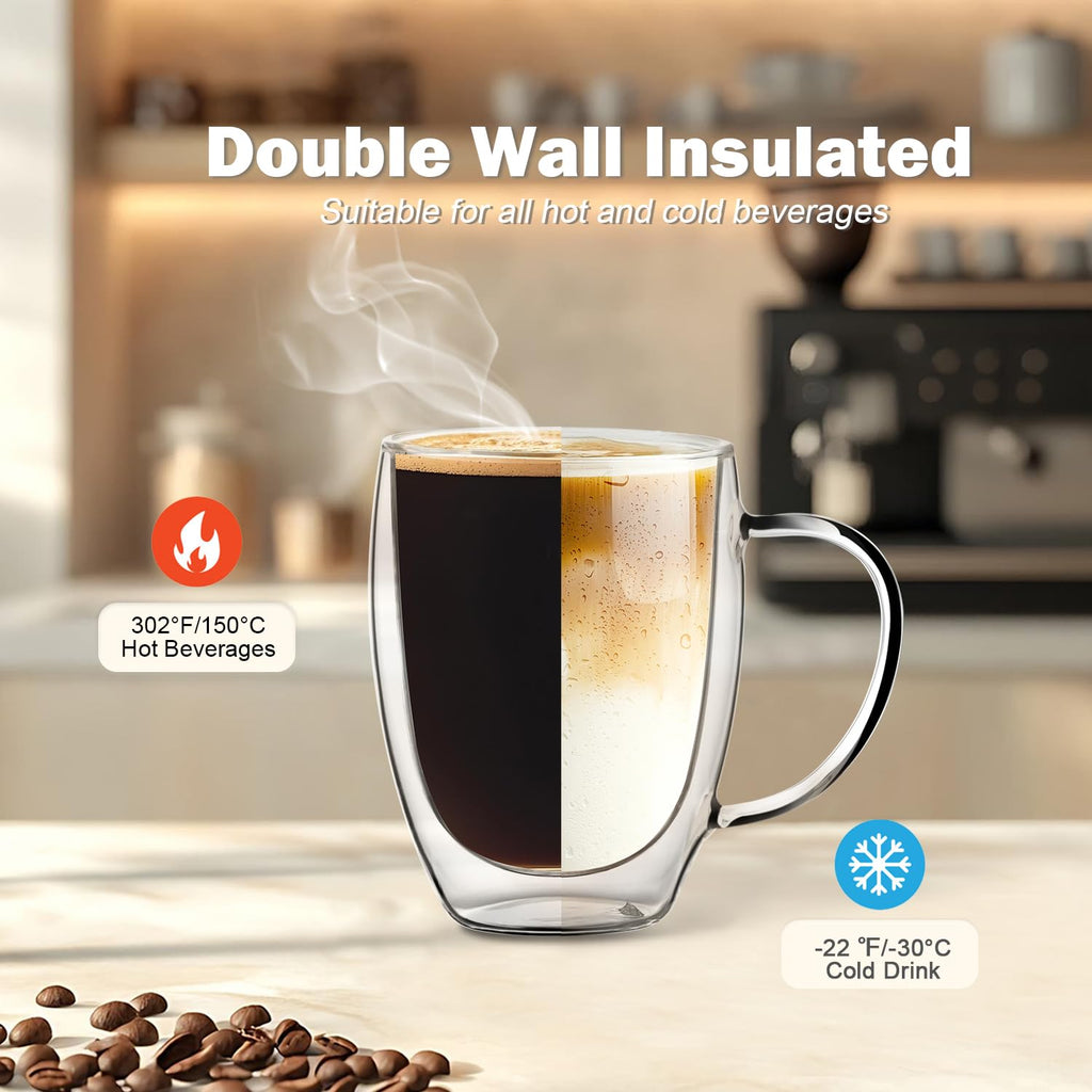 GOROGILE Double Wall Glass Coffee Mugs 12 OZ, Clear Coffee Cup With Handle,Insulated Coffee Mugs Set of 2 With Spoons Perfect for Espresso, Cappuccino, Latte, American,Tea Bag, Beverage