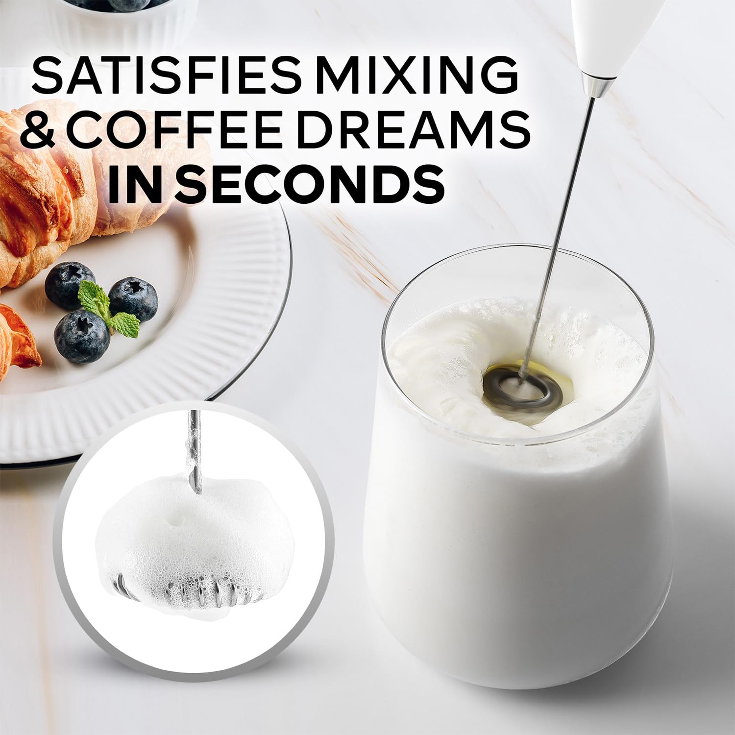 Zulay Kitchen Powerful Milk Frother Wand With Duracell Batteries - Ultra Fast Handheld Drink Mixer - Electric Whisk Foam Maker for Coffee, Lattes, Cappuccino & Matcha - Z1 Motor - Blizzard White
