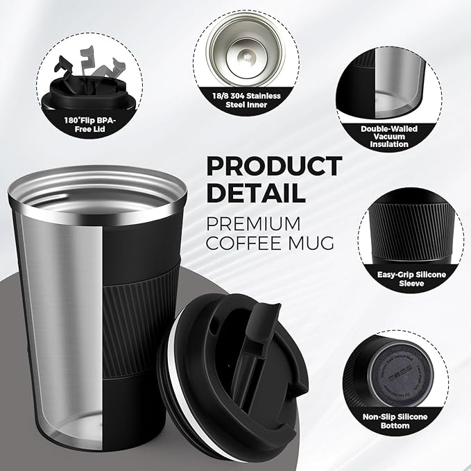 Volhoply 13 oz Stainless Steel Insulated Travel Coffee Mug with Fip Lid,Reusable Double Wall Vacuum Metal Coffee Cup,Portable to Go Leak Proof Cafe Thermal Tumbler for Hot & Cold Drinks(Black,1)