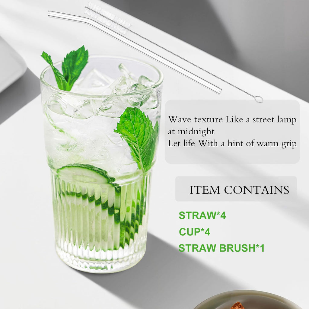 Luiaiog 18.5oz Glass Cups with Lids and Straws - Set of 4 Reusable Tumblers, Thickened Shatter-Resistant Glass, Ideal for Iced Coffee, Smoothies, Cocktails, Juices - Elegant & Durable Drinkware