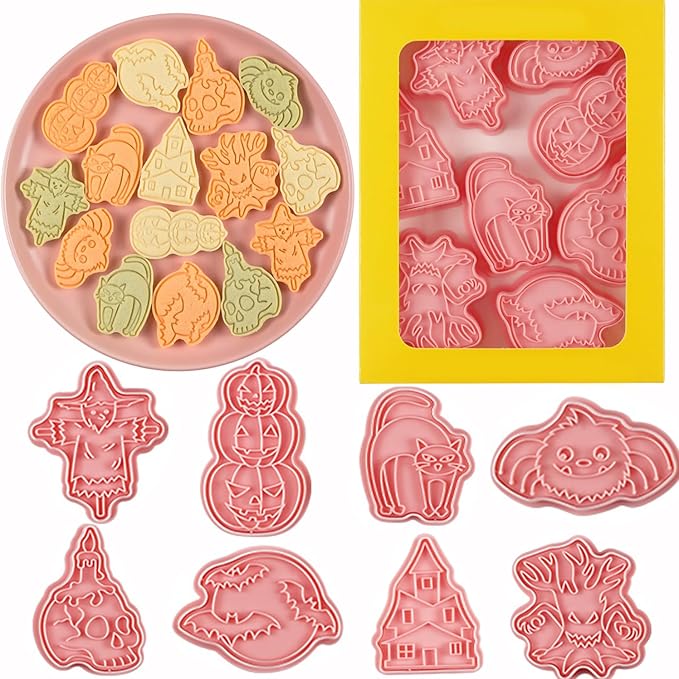 8 Pcs Halloween Cookie Cutters Set Baking Molds 3D Halloween Press type Cookie Cutter for Baking, Fondant, Cheese, and Pastries