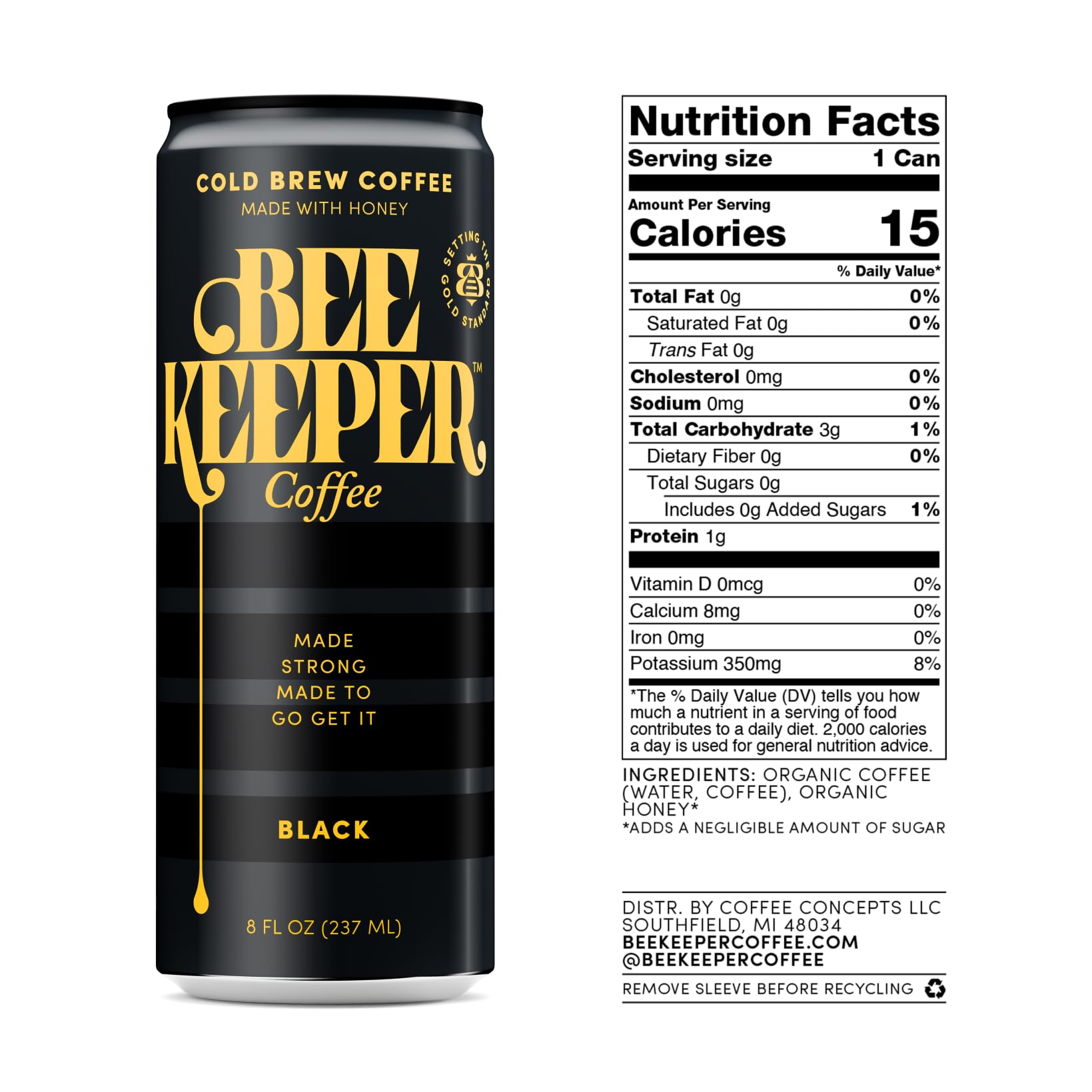 Beekeeper Black Cold Brew Coffee with Oregon Honey, 180mg Caffeine, 12 Pack