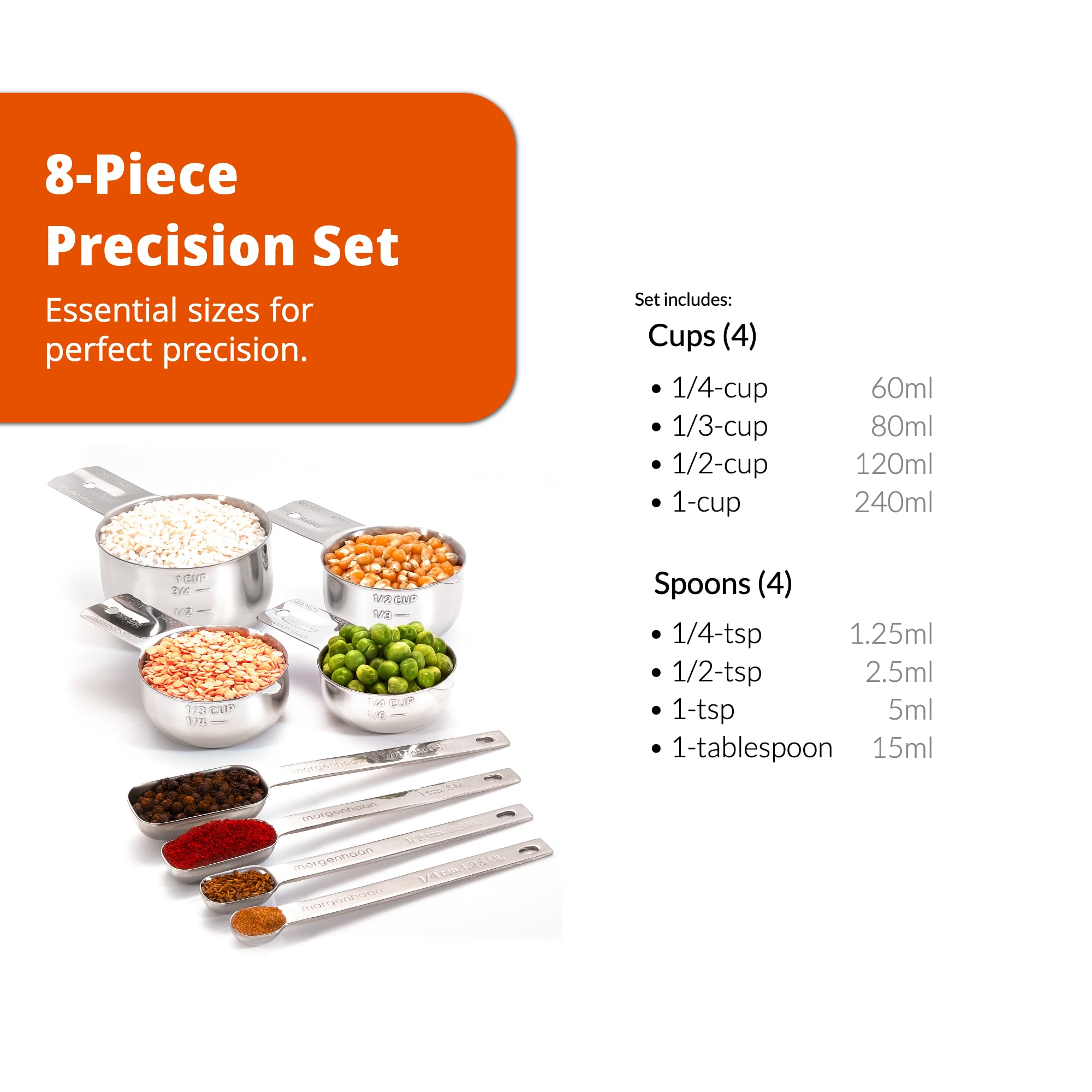 Morgenhaan Premium 304 Stainless Steel Measuring Kit - 8-Piece Essential Cups and Spoons for Everyday Use, Stackable & Durable