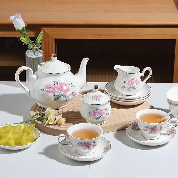 Sweejar Porcelain Tea Sets, Vintage British Floral Relief Gold Rimmed Teapot Cup and Saucer Set, Tea Set Service for 6, with Teapot, Sugar Bowl, Milk Jug, Spoons, Tea Cup and Saucer (Pink Flower)