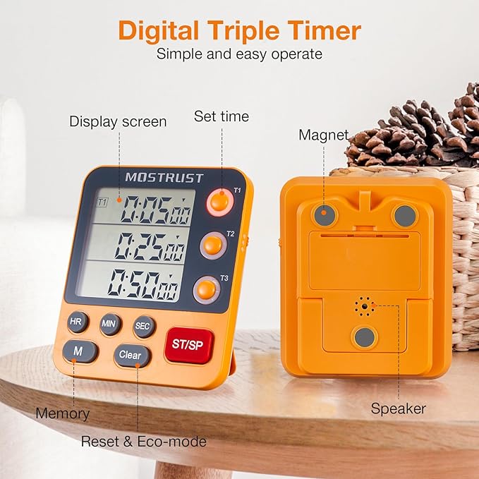 Digital Dual Kitchen Timer, 3 Channels Countdown Triple Timer for Cooking, Magnetic Memory-Preset Large-Display Adjustable Alarm Volume, Multi Times Management, 3A Battery Included, Green