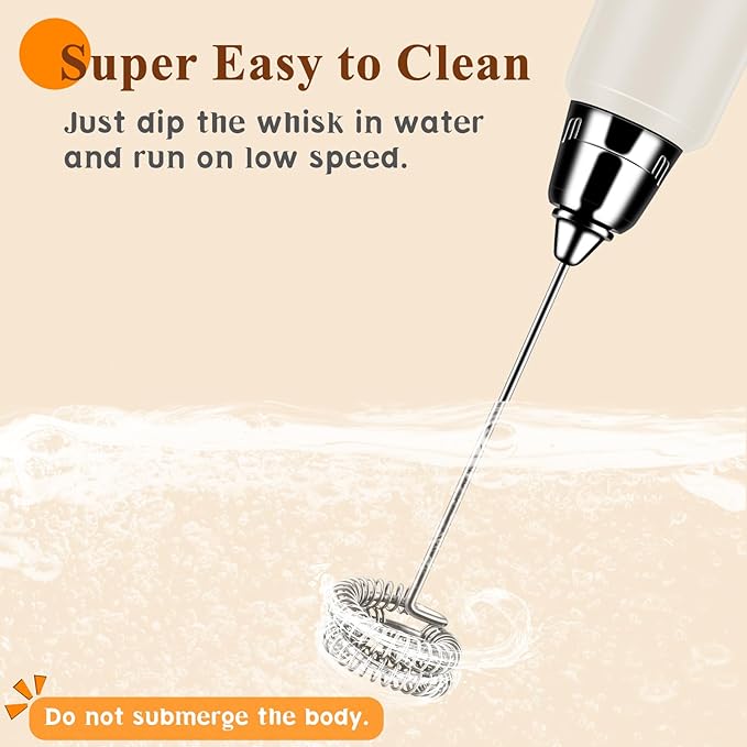 Milk Frother Handheld Rechargeable with Stand, Frother Wand Drink Mixer Electric Whisk for Coffee, Detachable With 3 Stainless Whisks, Hand Mixer for Lattes, Cappuccino, Matcha, Egg, Beige