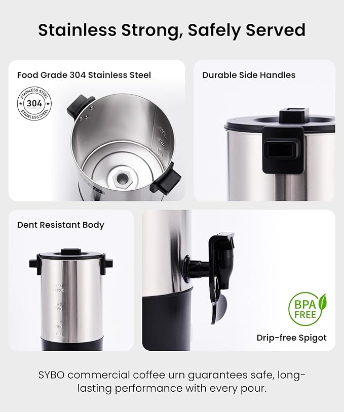 SYBO Commercial Grade Stainless Steel Percolate Coffee Maker, Hot Water Urn for Catering, Hot Beverage Dispenser, 40-Cup, 4.5L, Metallic