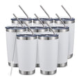 COMOOO 20oz/8Pack White Tumbler Double Wall Vacuum Insulated Coffee Travel Mug Stainless Steel Tumbler Bulk with Lid and Straw Powder Coated Insulated Coffee Cup for Cold & Hot Drinks (White, 8 Pack)