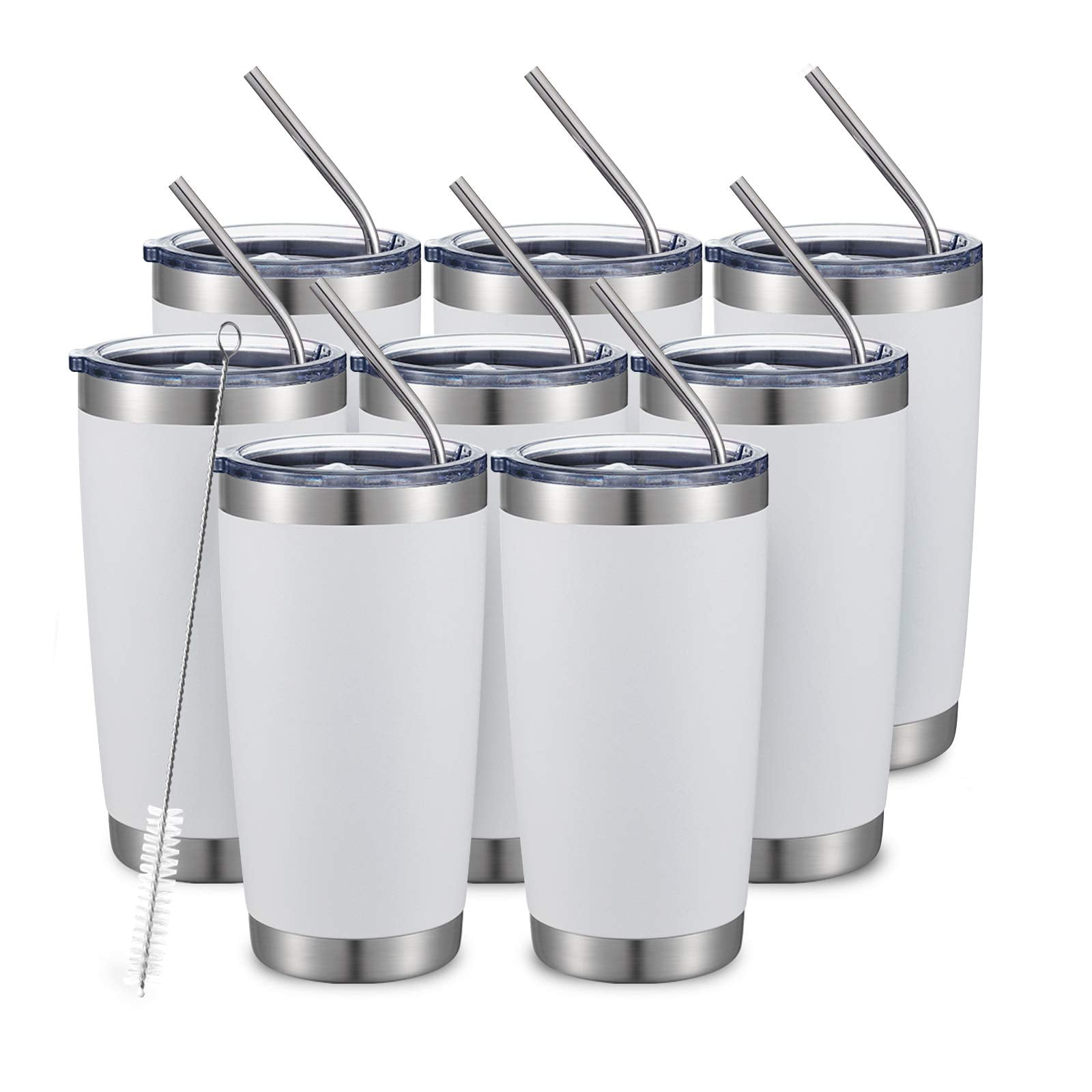 COMOOO 20oz/8Pack White Tumbler Double Wall Vacuum Insulated Coffee Travel Mug Stainless Steel Tumbler Bulk with Lid and Straw Powder Coated Insulated Coffee Cup for Cold & Hot Drinks (White, 8 Pack)