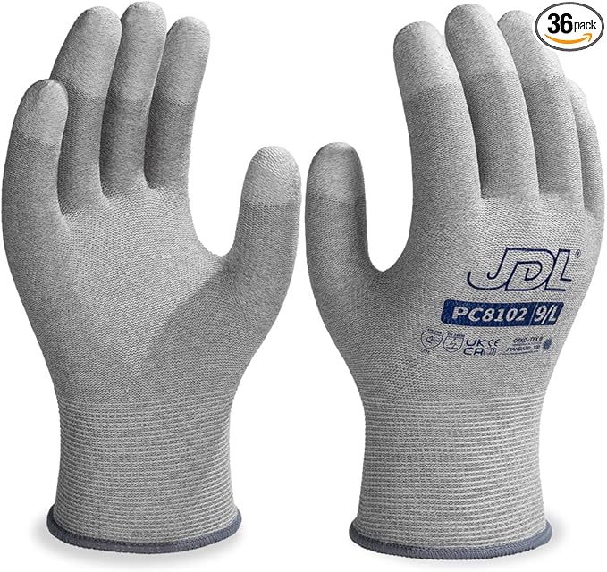 JDL ESD Work Gloves, Anti-Static Gloves for PC Building, 36 pairs, Computer Installation & Repair, High Resistance Carbon Fiber Gloves, Large