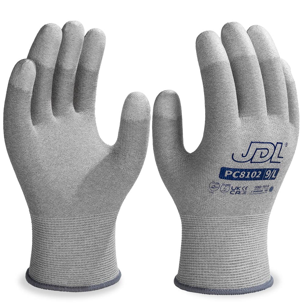 JDL ESD Work Gloves, Anti-Static Gloves for PC Building, 12 pairs, Computer Installation & Repair, High Resistance Carbon Fiber Gloves, Large