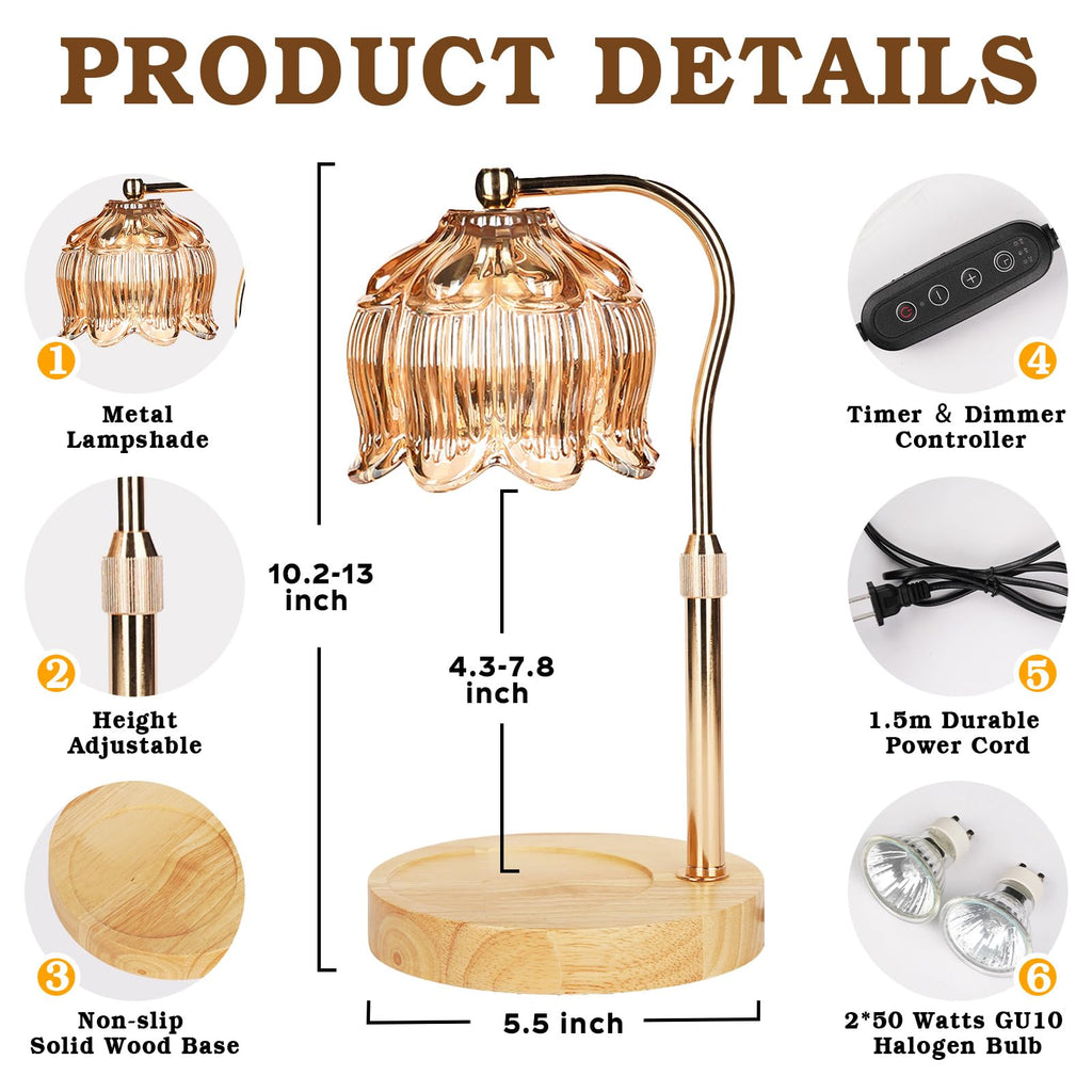 Funistree Flower Candle Warmer Lamp with Timer, Dimmable Candle Lamp Warmer, Christmas Birthday Gifts for Women Mom Her, Housewarming Home Decor, Lotus Wax Warmer for Yankee Candles - Warm Amber