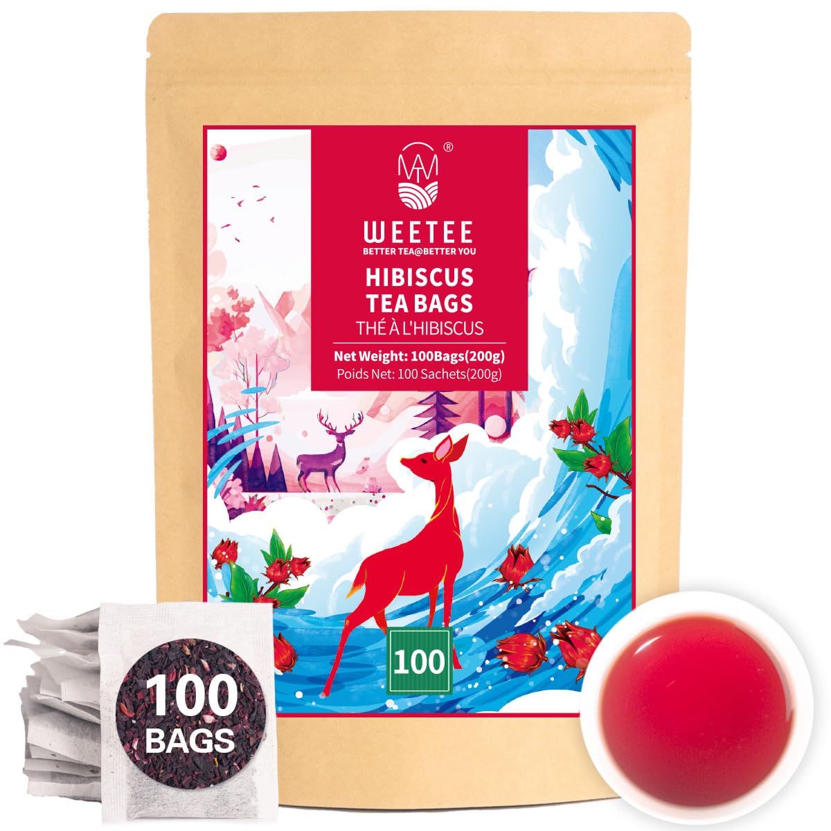 WT WEETEE Hibiscus Tea Bags 100ct, Cold Brew Friendly Pure Hibiscus Flowers