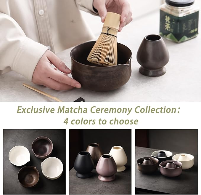 Matcha Set, Japanese Tea Set Includes Matcha Bowl with Spout, Matcha Whisk Holder (chasen), Bamboo Matcha Whisk and Bamboo Scoop, Ceramic Matcha Kit for Tea Lovers