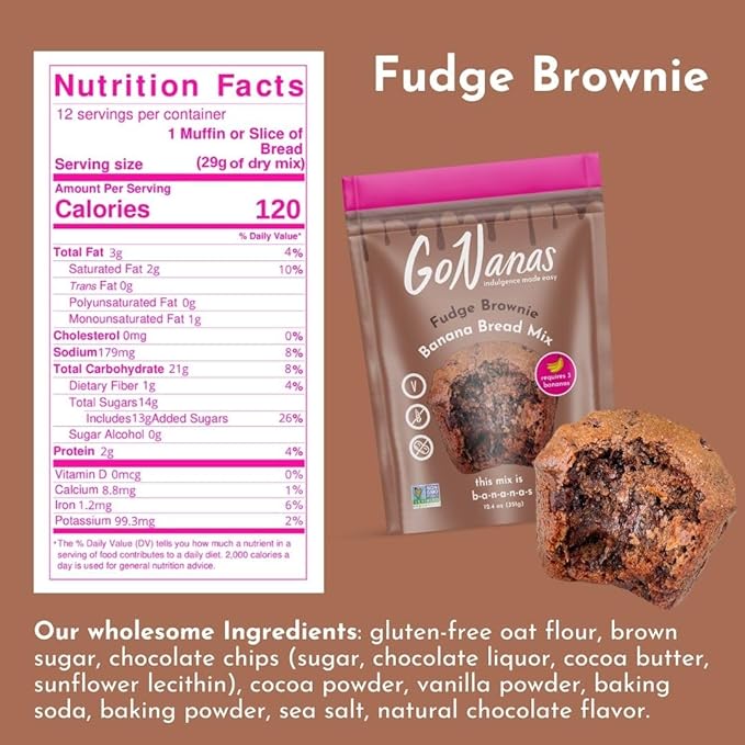 GoNanas Fudge Brownie Oat Flour Banana Bread Mix, Suitable for Plant Based Vegan Diets, Gluten Free Dairy Free Snacks, Healthy Snacks For Adults, Muffin Mix, Nut Free, Cupcakes Dessert, NON-GMO, 1pk