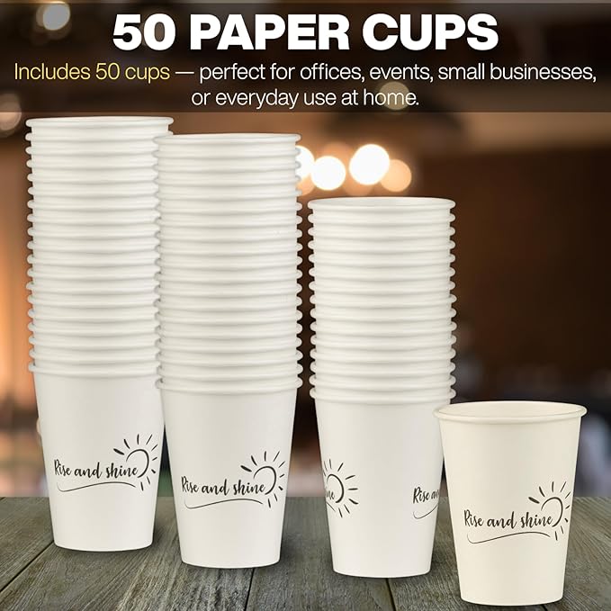 Smygoods Disposable Coffee Cups, To Go Paper Hot Cups, Rise and Shine Design (12 OZ, 50 Count) For Hot Beverages, Coffee, Tea, Espresso, Cocoa - Vasos Para Cafe