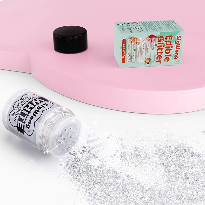 White Edible Glitter - 5g Food Grade Cake Decorating Shimmering Glitter, Edible Sprinkle Luster Dust for Drinks, Chocolates, Fondant, Strawberries, Cupcakes, Candy, Cookie - Vegan