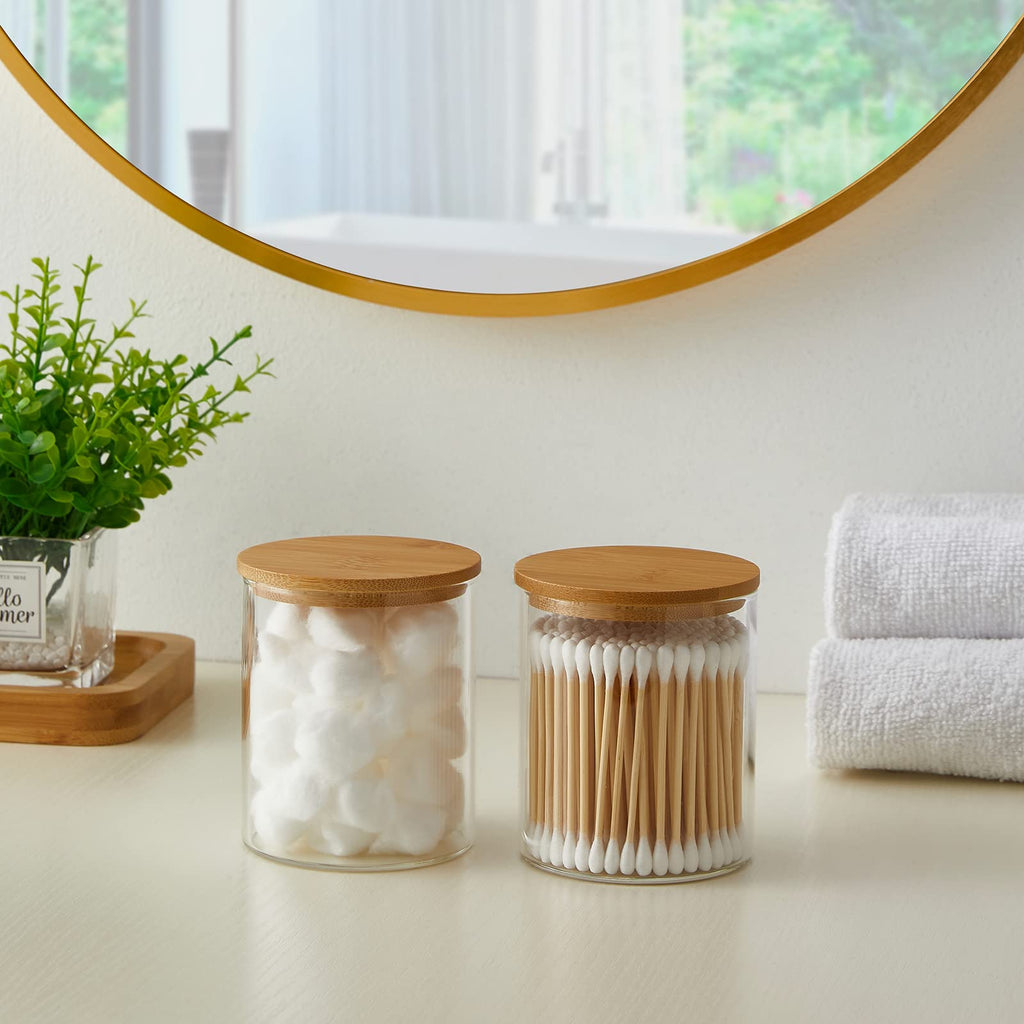 INIUNIK Glass Qtip Holder Dispenser with Bamboo Lid - 2 Pack Apothecary Jars - Cotton Balls Pads Swabs Holder Jar - Bathroom Vanity Canisters Jars for Countertop Storage and Organization