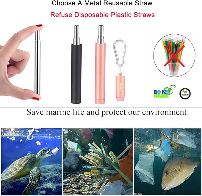 2 Pack Reusable Metal Straws Collapsible Stainless Steel Drinking Straw Travel Portable Telescopic Straw with Case for Cruise Ship Essentials Black/Rose Gold