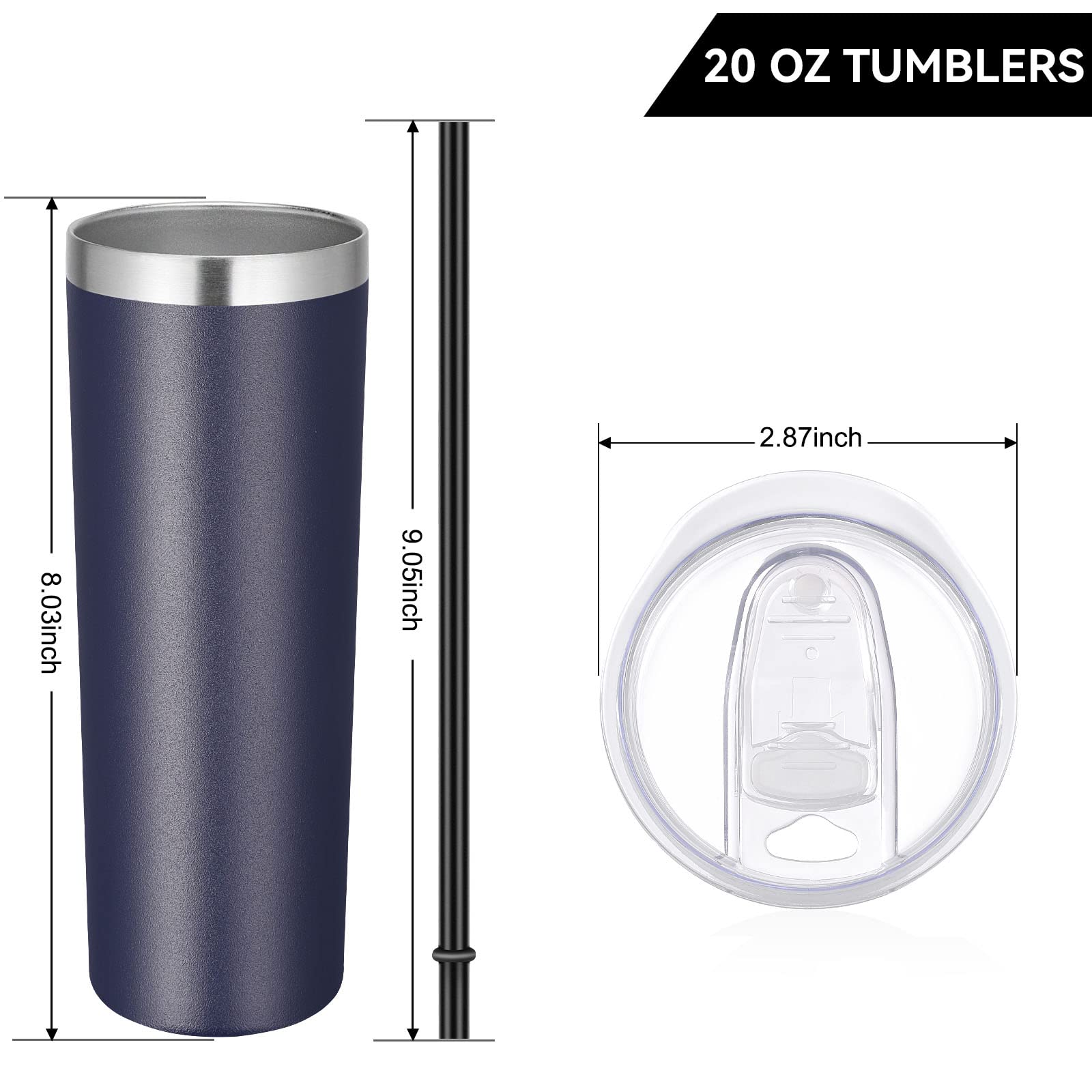 VEGOND Stainless Steel Tumblers Bulk 6 Pack, 20 oz Vacuum Insulated Skinny Tumblers with Lid and Straw, Double Wall Coffee Mug, Travel Water Cup, Navy Blue