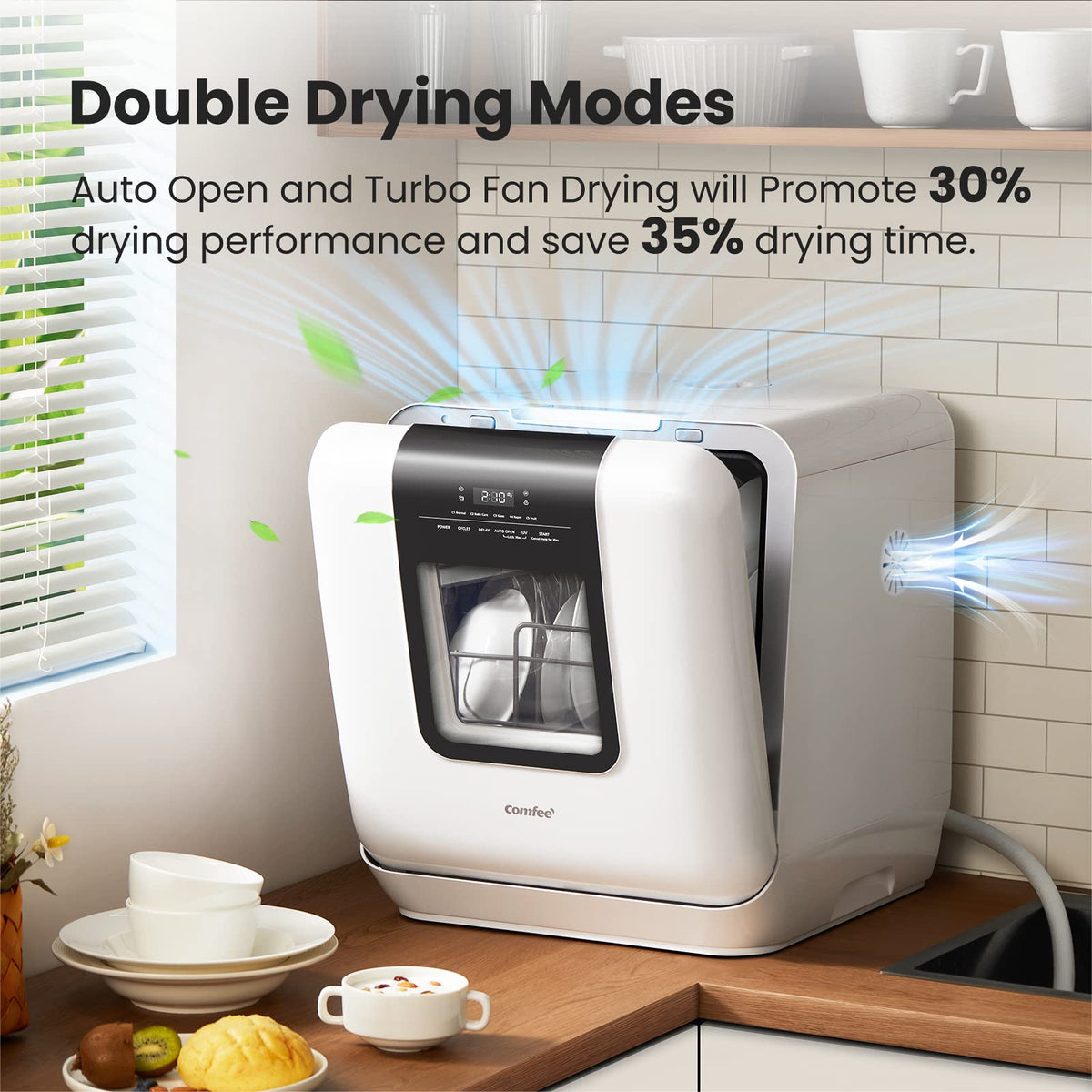 COMFEE' Countertop Dishwasher, Portable Dishwasher with 6L Built-in Water Tank, Mini Dishwasher with More Space Inside, 7 Programs, UV Hygiene& Auto Door Open, for Apartments, Dorms& RVs, White