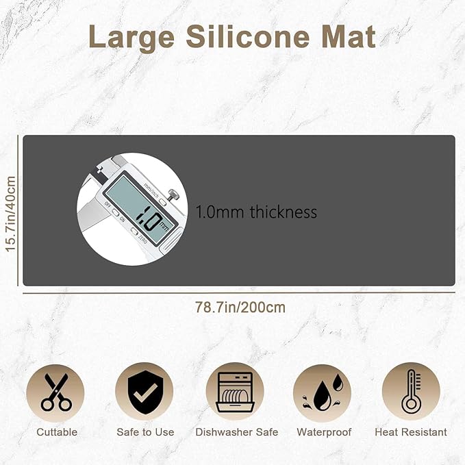 78.7"x15.7"(200cmx40cm) Large Silicone Mats for Countertop, Heat Resistant Mat, Waterproof Nonslip Silicone Kitchen Counter Mat, Nonstick Table Placemat, Multipurpose Mat, Dark Gray