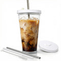 Reusable Iced Coffee Cup with Lid and Straw, 24 oz/Venti, BPA-Free Double-Wall Insulated Plastic Tumbler for Cold Drinks, Includes Clear Plastic Straw, Stainless Steel Straw and Cleaning Brush, White