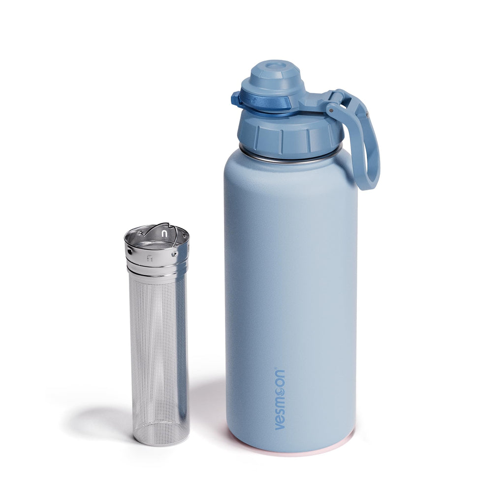 Vesmoon Vessence 32 Oz Stainless Steel Tea Infuser Bottle for Loose Leaf Tea, Water, Herbs, Fruits - Triple Layered Insulated, Leak Proof Bottle with Lid and Clip Handle - 24 Hours Hot/Cold