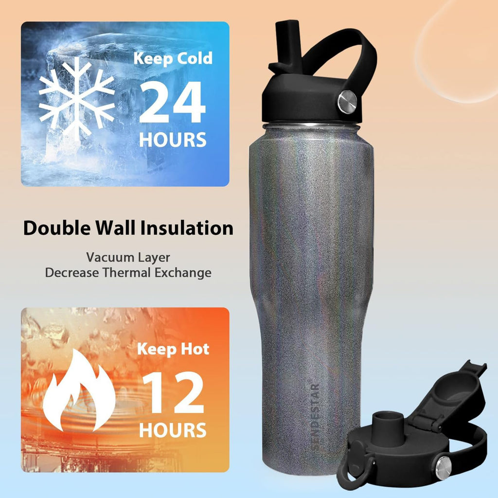 SENDESTAR Water Bottle,Wide Mouth Stainless Steel Vacuum Insulated Double Wall Keep Liquids Cold or Hot All Day,Sweat Proof Sport Design,Fit Car Cup Holder,Laser Grey,32 Ounces