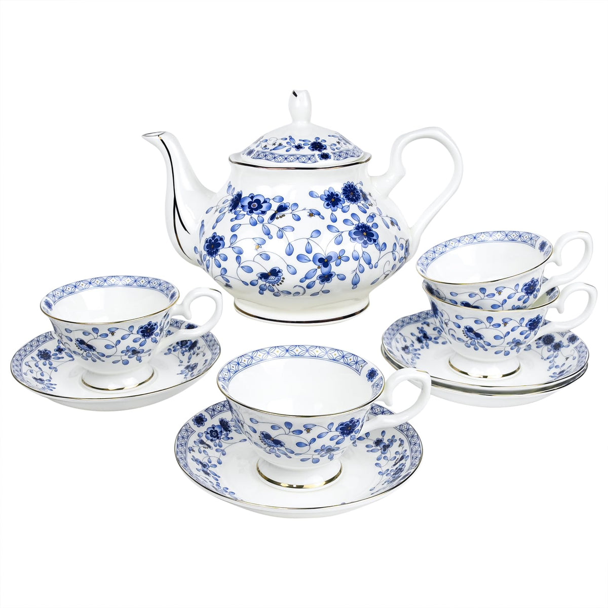 LE POTOCIO Bone China Tea Set for Adults, 13-Piece Blue and White Porcelain Tea Set for 4, Vintage Floral Tea Set With Teapot and Teaspoons, Tea Party Sets for Women Gift (Blue A)