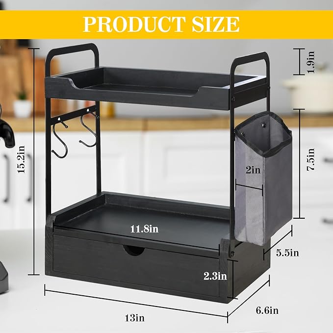 Wooden Coffee Bar Organizer - 2-Tier Station with Pod Holder, Syrup Snack Organizer, Bag & Hooks (Black)