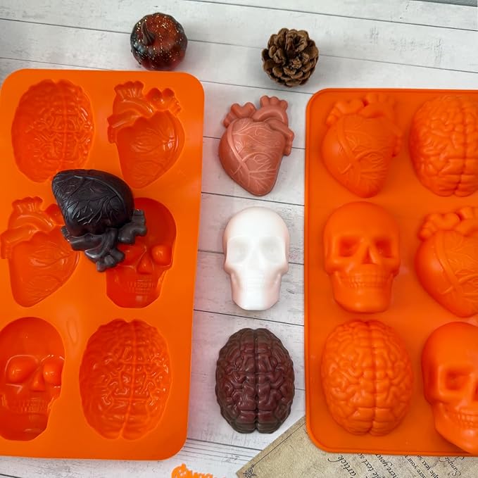 2 Pack Brain Heart Skull Cake Mold, 3D Human Organ Brain Jello Mold Halloween Silicone Molds Heart Skull Brain Chocolate Mold for Halloween Baking Mini Cakes Soap Candle Muffin Pudding Dessert