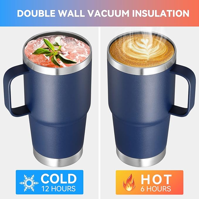 VEGOND 20 oz Tumbler with Handle Lid and Straw, Stainless Steel Insulated Travel Coffee Mug Spill Proof Double Wall Metal Tumbler Cup Keeps Drink Hot and Cold, Navy Blue 1 Pack