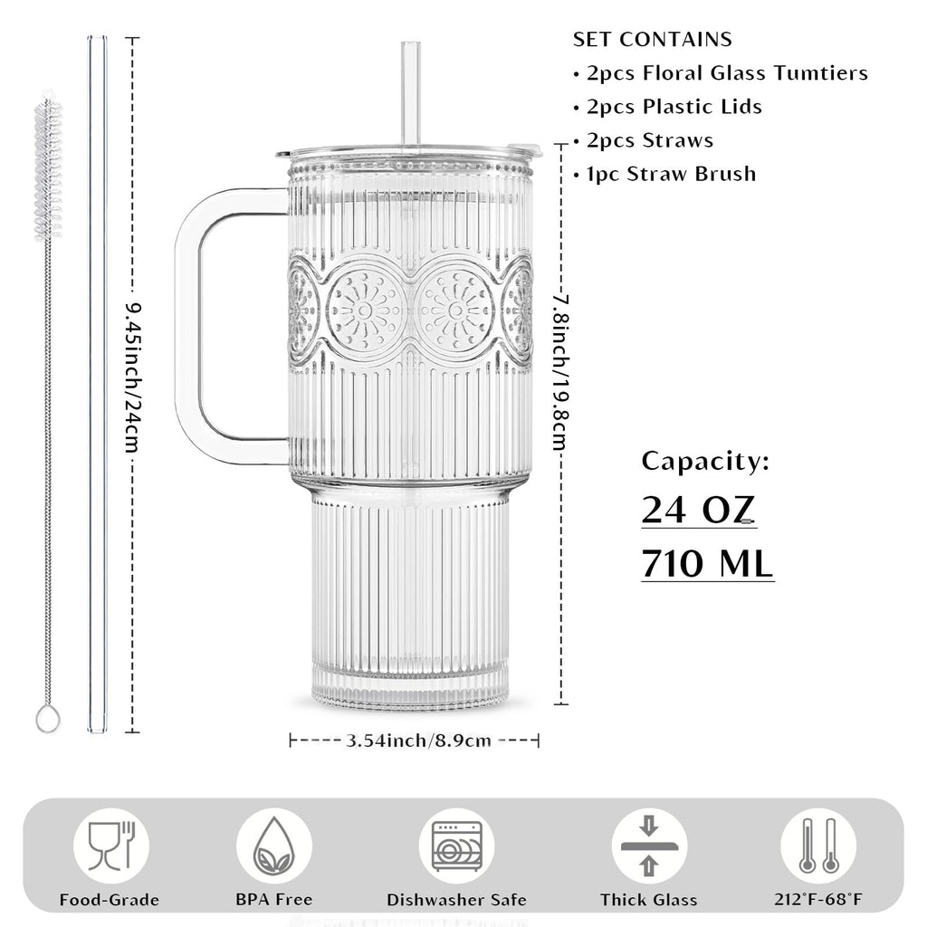 INSETLAN 24 oz Ribbed & Floral Glass Tumblers with Handle, Set of 2 Cups