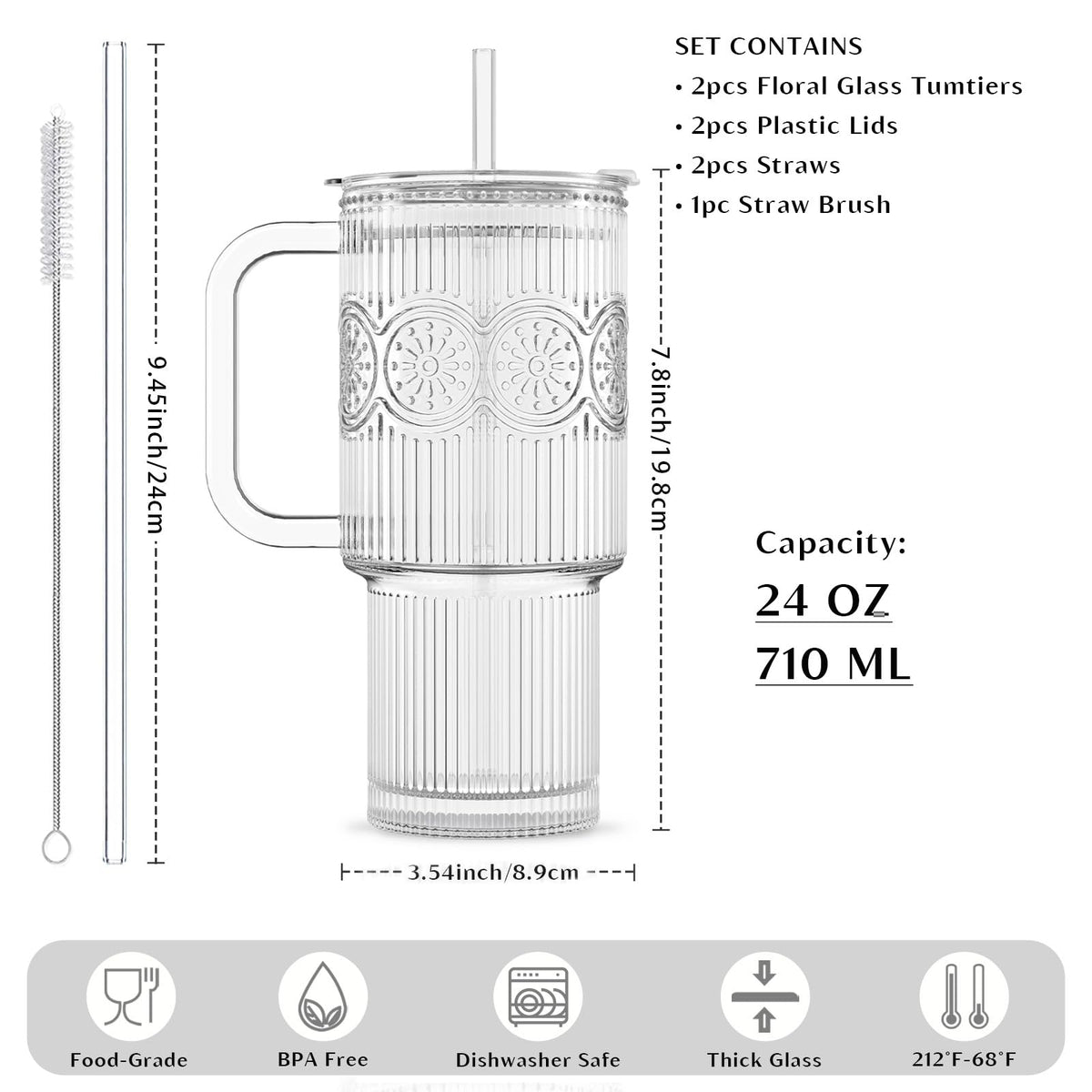 INSETLAN 24 oz Ribbed & Floral Glass Tumblers with Handle, Set of 2 Cups