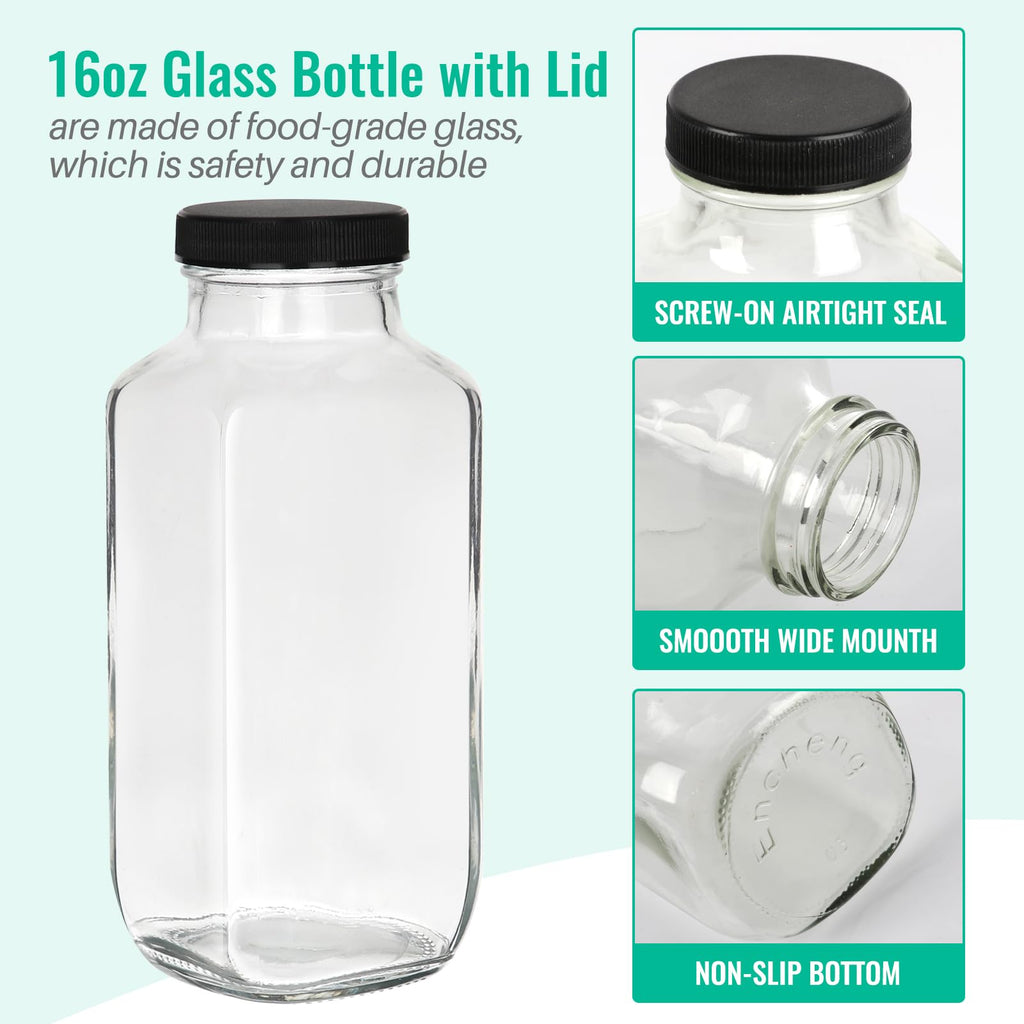 CAKKVDE 16 oz Glass Juice Bottles with Lids 12 Pack