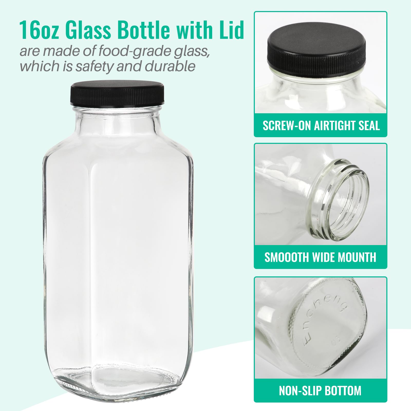 CAKKVDE 16 oz Glass Juice Bottles with Lids 12 Pack