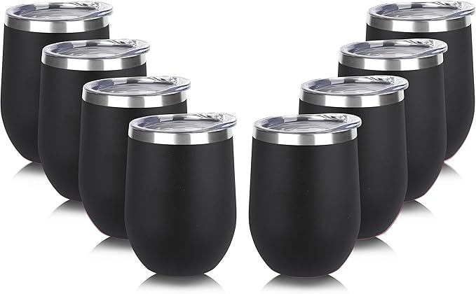 DOMICARE Stainless Steel Wine Tumbler Bulk with Lid, Personalized Insulated Tumblers Set, 12oz Travel Coffee Cups Pack of 8, Black